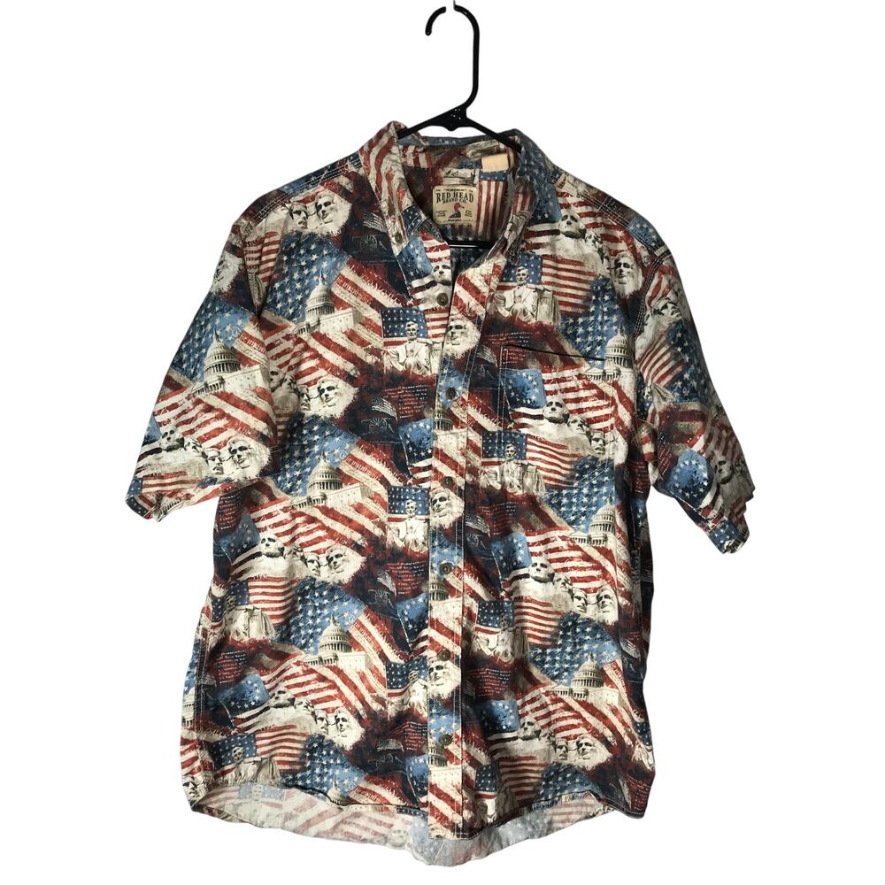 Red Head Brand Shirt Large Mens Patriotic American Flag Mount Rushmore Cotton